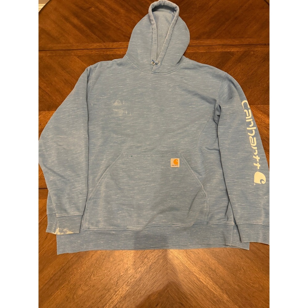 Carhartt Mens‎ 2XL Loose Fit Hoodie Light Blue Heathered Graphic Sleeve Pullover